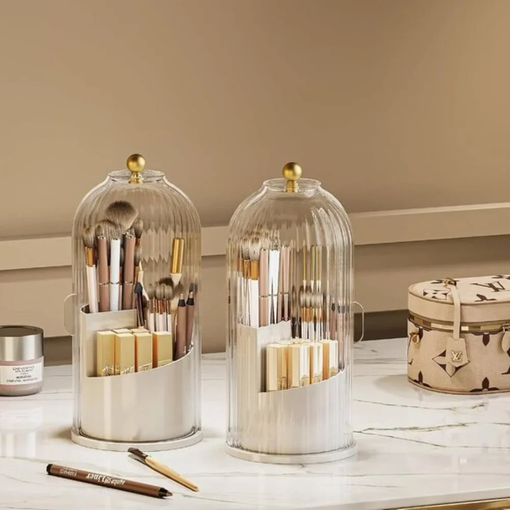 New 360° Rotating Makeup Brush Holder, Waterproof White-Clear Vanity Organizer
